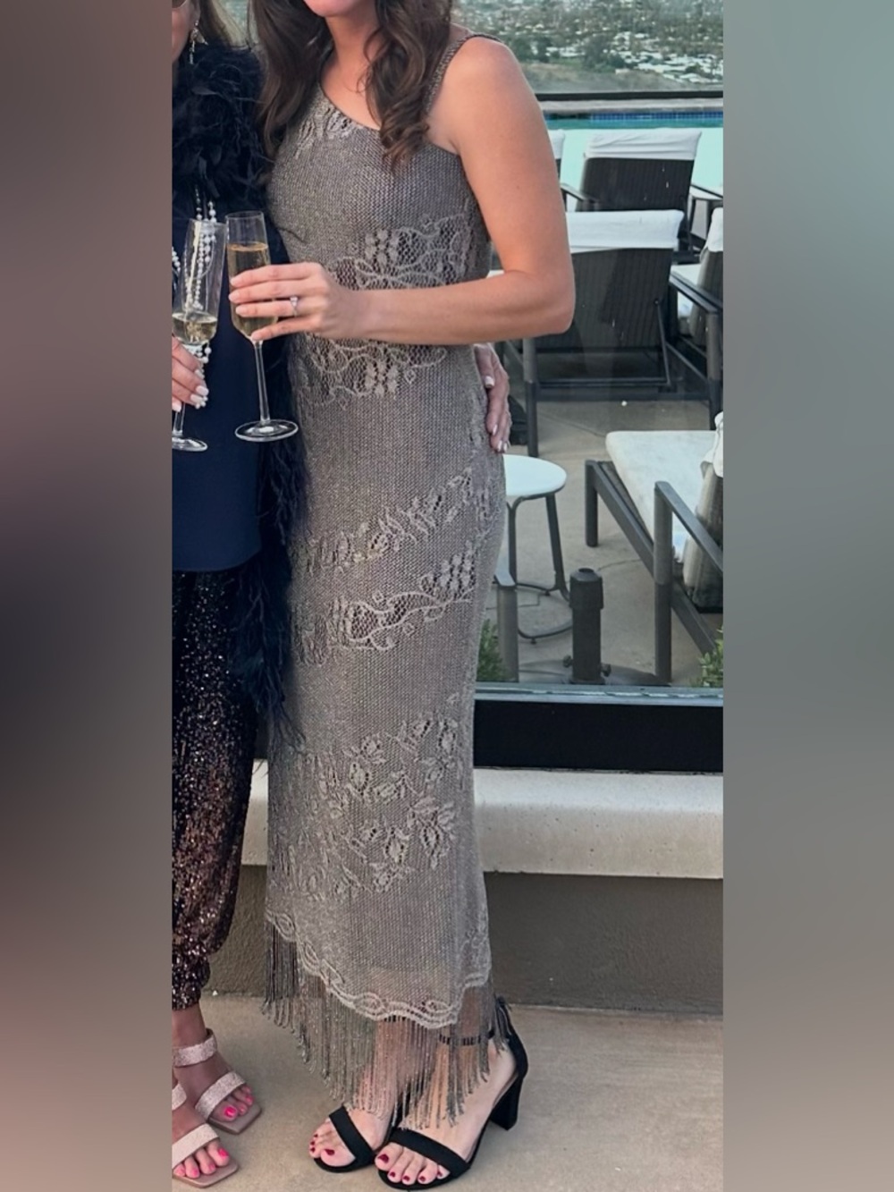Arianna by Rachel Kaye Size 4 Embroidered Fringe Dress in Charcoal Shimmer Gray